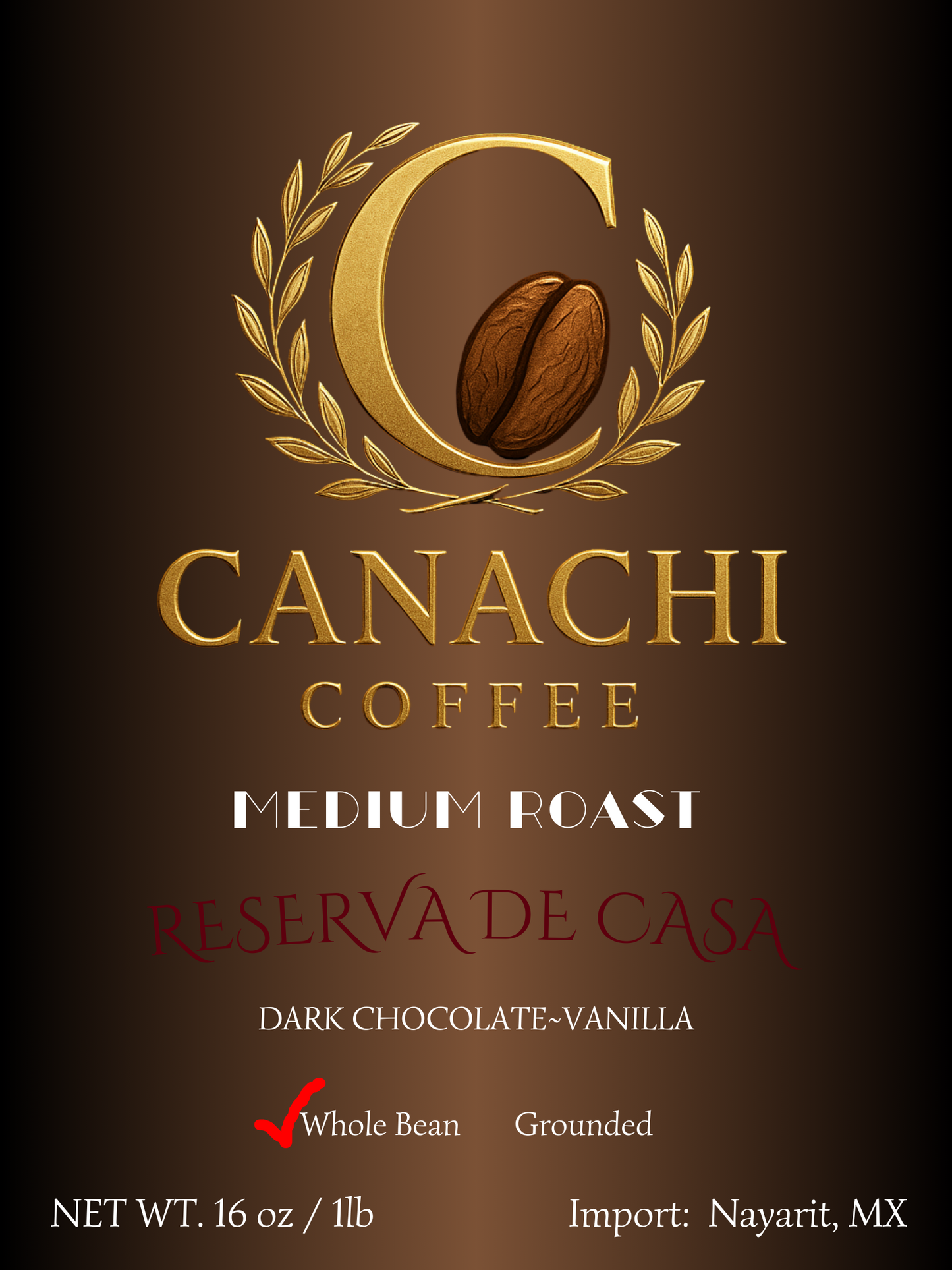 Whole Bean Canachi Coffee Medium Roast 16oz/1LB